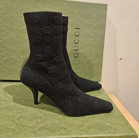 $1,200 GUCCI Demi 75mm logo-jacquard metallic knit ankle boots size 39 US 9 NIB - Picture 3 of 10